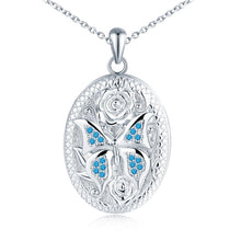 Carica l'immagine nel visualizzatore di Gallery, MicLee Collana Ciondoli Foto da Donna in Argento 925 Pendenti Medaglioni de Farfalla Moda Collane Ovale di Farfalla con Zircone Blu Ciondolo Apribile