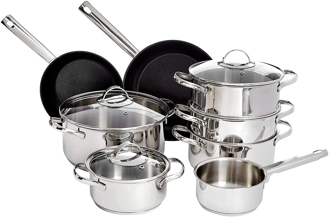 Amazon Basics 11 Pezzi Set di Pentole a Induzione - Acciaio Inox, con Coperchi, Argento