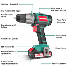 Carica l'immagine nel visualizzatore di Gallery, Trapano Avvitatore Batteria 18V, HYCHIKA Brushless 60Nm Trapano a Percussione, 2.0Ah Batteries, 53 Accessori, Caricatore Rapido, 21+3 Coppie, 2 Velocità Variabile, 0-500/0-2000 RPM