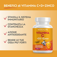 Carica l'immagine nel visualizzatore di Gallery, Vitamina C D Zinco, Masticabile gusto Arancia, per Bambini ed Adulti, Vitamina C 1000mg, Vitamina D3 2000 UI e Zinco 5mg in 2 cpr, WE Salus