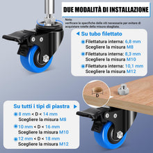 Carica l'immagine nel visualizzatore di Gallery, 50mm Ruote per Mobili con stelo filettato M8 x 1,25x 25mm, Ruote per Carrello Carichi Pesanti Capacità 270KG, 360 Gradi 