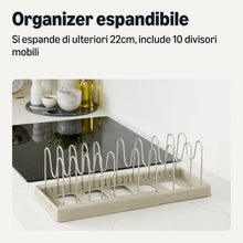 Carica l'immagine nel visualizzatore di Gallery, Amazon Basics Organizer per Pentole e Teglie, Include 10 Divisori, in Acciaio Inox, Espandibile da 31cm a 53cm