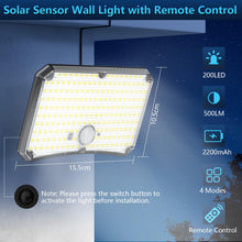 Carica l'immagine nel visualizzatore di Gallery, Lampada Solare da Esterno - 200LED Luce Solare LED Esterno con Sensore di Movimento 2200mAh 4 Modes Telecomando Faretto LED da Esterno Solare con Pannello, Luci da Esterno Giardino Solari con 5M Cavo