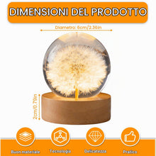 Carica l'immagine nel visualizzatore di Gallery, Sfera di cristallo, luce notturna, 6 cm, fiore di leone, lampada da notte con base in legno USB, ideale come regalo per 