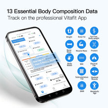 Carica l'immagine nel visualizzatore di Gallery, Vitafit Bilancia Pesapersone Impedenziometrica, Pesatura Professionale in Fabbrica dal 2001, App Sync 13 Composizione Corporea Incluso BMI, Grasso Corporeo e Cuscoli, 182kg Nero