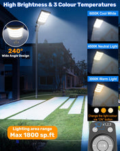 Carica l'immagine nel visualizzatore di Gallery, Lampione Solare Led Esterno, 6000K Bianca e 3000K Calda Faro Stradale Esterno Impermeabile con Pannello Solare e Sensore