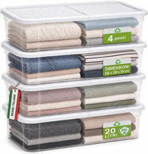 Carica l'immagine nel visualizzatore di Gallery, BAKAJI Set 4 Contenitori Sottoletto con Coperchio Trasparente, Storage Box Organizer Impilabile Salvaspazio Capiente e Robusto, Scatole Multiuso per Armadio, Vestiti, Stoccaggio Versatile