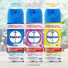 Carica l'immagine nel visualizzatore di Gallery, Napisan Spray Disinfettante Milleusi, Disinfettante Spray per Tessuti e Superfici, Fragranza Fresco Pulito, 1 Spray da 4
