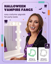 Carica l'immagine nel visualizzatore di Gallery, Denti da Vampiro 4 Pezzi (2 Modelli) - Clip Antiscivolo per Comfort Garantito. Soluzione Ideale per Halloween, Trucchi e