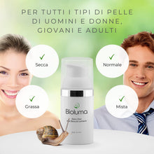 Carica l'immagine nel visualizzatore di Gallery, Bioluma Bava di Lumaca Siero Viso 30ml Idratante Nutriente Antiage con Acido Ialuronico Arginina Olio Argan Maca Pelle Grassa Secca Mista Coadiuvante Antirughe Rivitalizzante Viso Collo Made in Italy
