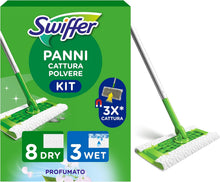 Carica l'immagine nel visualizzatore di Gallery, Swiffer Starter Kit Manico Scopa + 8 Panni Pavimenti + 3 Lavapavimenti