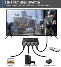 Carica l'immagine nel visualizzatore di Gallery, Sdoppiatore HDMI, 4K@60Hz HDR Switch HDMI 3 In 1 Out con Telecomando, Alluminio HDMI Switch Supporta 4K/3D/HDCP1.4/UHD/1080P, Splitter HDMI per TV, PC, Fire Stick, PS5/4/3, Xbox, Blu-Ray, DVD Player