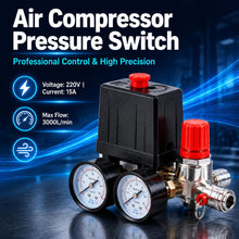 Carica l'immagine nel visualizzatore di Gallery, Pressostato per Compressore Aria 220V, Kit Accessori per Compressore con Regolatore di Pressione Aria, 2 Manometri, Racc