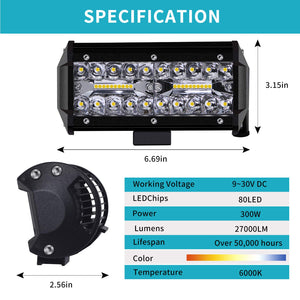 Faro di Profondità da Lavoro Led, 7’’ Cree Barra LED Fuoristrada da 300W 27,000lm Impermeabile IP67 , per Moto Auto ATV SUV Trattore, 6500K, (2 PCS)…