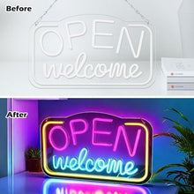 Carica l'immagine nel visualizzatore di Gallery, BYZESTY Segnale Neon Open Welcome, 42 x 23 cm, Insegne Luminose Colorate, Neon LED Open con USB, Regolabile, Acrilico, P