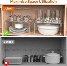 Carica l'immagine nel visualizzatore di Gallery, Euqvunn 2 Confezioni Ripiano Salvaspazio Cucina, Pieghevole Alzatina Cucina, Impilabile Mensole Trasparenti Organizer Cucina per Armadi, Credenze, Dispensa, Piano di Lavoro