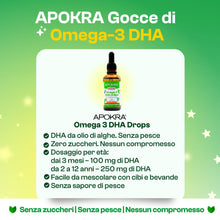 Carica l'immagine nel visualizzatore di Gallery, APOKRA Kids Omega 3 Gocce – DHA vegano da olio di alghe per lattanti e bambini dai 6 mesi – 250 mg DHA (dai 2 anni) – se