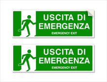 Carica l'immagine nel visualizzatore di Gallery, 2 Adesivi USCITA DI EMERGENZA, Mis: 30x10 cm, in PVC Morbido, laminato anti UV, Cartello uscita di sicurezza, in Italian