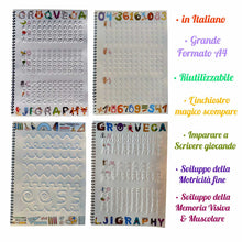 Carica l'immagine nel visualizzatore di Gallery, Groove Calligraphy 4 Quaderni Riutilizzabili, A4 con Scanalature Premium, Alfabeto, Corsivo, Numeri, Disegni+2 Penne Mag