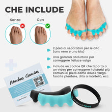 Carica l'immagine nel visualizzatore di Gallery, RestoreFeet Separatore Dita Piedi con Fascia Anti Alluce Valgo – 2 Paia (Nero + Azzurro) + Banda Nera – Confezione con V