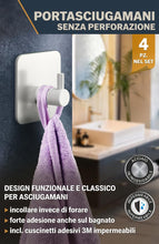 Carica l'immagine nel visualizzatore di Gallery, Menz Portasciugamani senza fori, set da 4 – Porta asciugamani da bagno bianco antiruggine, gancio adesivo in acciaio ino