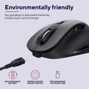 Trust Fyda Mouse Wireless Ricaricabile, Design Sostenibile, 800-2400 DPI, 6 Pulsanti, 2,4 GHz, Ricevitore USB, Mouse Ergonomico senza Filo per Laptop, PC, Computer, Macbook, Ufficio - Nero