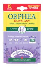 Carica l'immagine nel visualizzatore di Gallery, Orphea Salvalana, Foglietti per Cassetti e Armadi, Protegge Lana e Vestiti Tutta la Stagione, Profumo di Lavanda, agisce per 12 settimane - 15 Foglietti Emanatori