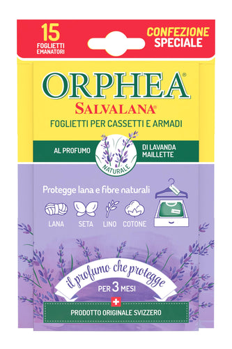 Orphea Salvalana, Foglietti per Cassetti e Armadi, Protegge Lana e Vestiti Tutta la Stagione, Profumo di Lavanda, agisce per 12 settimane - 15 Foglietti Emanatori