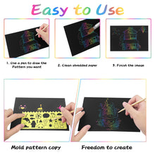 Carica l&#39;immagine nel visualizzatore di Gallery, Relota 50 Pezzi Scratch Art Bambini Set, Fogli Arcobaleno da Grattare con 5 Stilo in Legno, 4 Righelli Modello, Blocco da Disegno Rainbow Scratch Paper per Appunti, Disegni, Giochi, Scrittura