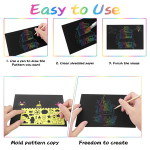 Relota 50 Pezzi Scratch Art Bambini Set, Fogli Arcobaleno da Grattare con 5 Stilo in Legno, 4 Righelli Modello, Blocco da Disegno Rainbow Scratch Paper per Appunti, Disegni, Giochi, Scrittura
