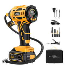 Carica l'immagine nel visualizzatore di Gallery, AUTDER Compressore d'Aria Portatile, Gonfiatore Senza Fili 180 PSI con Due Fonti di Alimentazione, Batteria 21V / 12V DC, Manometro Digitale, Spegnimento Automatico, Perfetto per Viaggi (Giallo Nero)