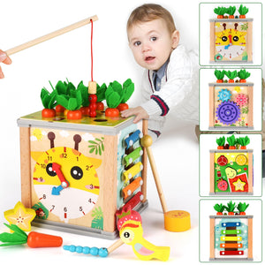 Cubo di Abilità Motorie in Legno, 7 in 1 Montessori Cubo Multiattività, Cubo di attività in Legno,Giocattolo per attività in Legno,Giochi Educativi, Giochi Bambini, Natale Compleanno Regalo 1 2 3
