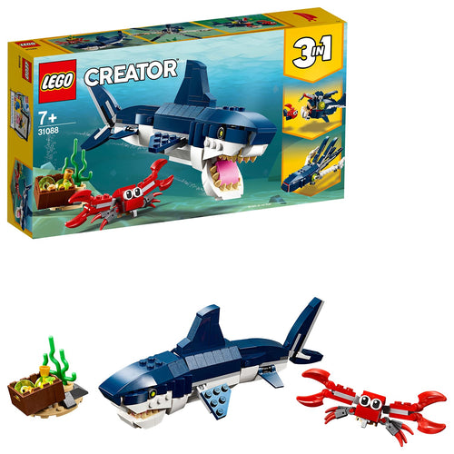 LEGO Creator Creature degli Abissi, Set 3 in 1 con Animali Giocattolo Marini da Costruire come Squalo, Calamaro, Granchio e Rana Pescatrice, Giochi per Bambini e Bambine da 7 Anni, Idee Regalo 31088