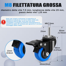 Carica l'immagine nel visualizzatore di Gallery, 50mm Ruote per Mobili con stelo filettato M8 x 1,25x 25mm, Ruote per Carrello Carichi Pesanti Capacità 270KG, 360 Gradi 