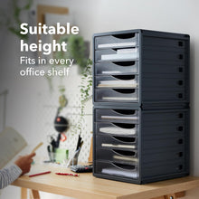 Carica l'immagine nel visualizzatore di Gallery, Rotho Spacemaker Cassettiera/scatola da ufficio con 5 cassetti, Plastica (PS) senza BPA, trasparente/nero, 33,5 x 28,5 x 32,0 cm
