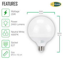 Carica l'immagine nel visualizzatore di Gallery, CLAR - Lampadina Led E27 Sfera Grande, Globo, E27 LED 4000K 25W (Pack 3)