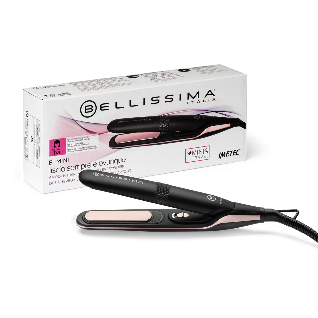 Bellissima Imetec B-Mini, Piastra per capelli da Borsa e Viaggio, per Capelli corti e frange, Compatta, Leggera, Rivestimento in Ceramica, Temperatura 200°C, Multivoltaggio Automatico, Beauty Bag