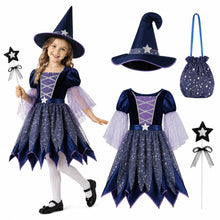 Carica l'immagine nel visualizzatore di Gallery, Costume da Strega Stelle Blu, Vestito Strega Halloween Completo con Cappello, Bacchetta Magica e Borsa, Costume Cosplay 