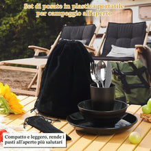 Carica l'immagine nel visualizzatore di Gallery, Kyraton set di posate da campeggio da 6 pezzi, bicchieri, piatti e ciotole in plastica e posate in acciaio inox con bors