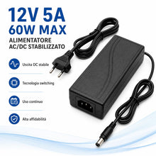 Carica l'immagine nel visualizzatore di Gallery, Alimentatore 12V 5A 60W AC/DC Stabilizzato, Trasformatore Switching con Cavo Rete e Connettore DC 5.5x2.1mm, per Strisce