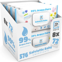 Carica l'immagine nel visualizzatore di Gallery, R MOVE 576 salviette neonato umidificate acqua pura 99%, 8 confezioni da 72 salviettine bambini water, coperchio salvafreschezza, idratanti, igienizzanti e rinfrescanti, mani e corpo