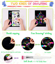 Carica l'immagine nel visualizzatore di Gallery, Smarkids Fogli da Disegno, 143 Arcobaleno Scratch Painting Paper Set Grattare Artistico per Bambini, 60 Fogli Nera Carta 20 Stilo 4 Stencil 1 Pennello Morbido