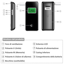 Carica l'immagine nel visualizzatore di Gallery, Etilometro Portatile Certificato, Professionale Digitale Alcol Test con Display LCD Blu Digitale, Etilometro Portatile P