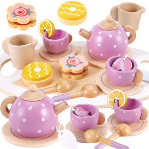 AOLEVA Set da Tè Giocattoli in Legno, Set Cucina Legno Bambini Accessori Cucina Giocattolo Servizio da Tè Gioco di Imitazione Regalo per Bambini Bambina 3 4 5 Anni