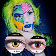 Carica l'immagine nel visualizzatore di Gallery, Funnylens 1 Coppia di lenti a contatto annuali colorate Giallo Nero Crazy Fun bordo colorato tema “Lunatic Sun”, con por