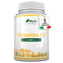 Carica l'immagine nel visualizzatore di Gallery, Vitamina D3 1000UI - 365 Capsule Softgel - 1 Anno di Scorta - Integratore di Vitamina D - Colecalciferolo ad Alta Biodisponibilità - Facili da Deglutire - Nu U Nutrition