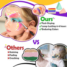 Carica l'immagine nel visualizzatore di Gallery, Truccabimbi Kit - 28 Colori Truccabimbi Kit Anallergici Atossici Professionali con 3 Pennelli 30 Stencil Regalo Bambina 3 4 5 6 7 8 9 Anni- Trucca Bimbi Viso Bambini per Halloween, Carnevale, Pasquale