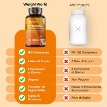 Carica l'immagine nel visualizzatore di Gallery, Vitamina C 1000mg e Rosa Canina, 180 Compresse Vegane, 1 al Giorno, 6 Mesi