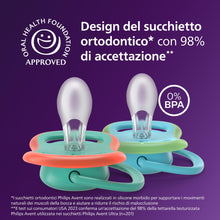 Carica l'immagine nel visualizzatore di Gallery, Philips Avent Ultra Air Day &amp; Night Ciuccio - Design ortodontico, per neonati 6-18 mesi, modello fluorescente, tettarell