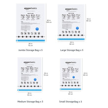 Carica l&#39;immagine nel visualizzatore di Gallery, Amazon Basics Sacchetti sottovuoto con pompa a mano, Molteplici, Cerniera, confezione da 12 (3 jumbo, 3 grandi, 3 medi, 3 piccoli), Trasparente
